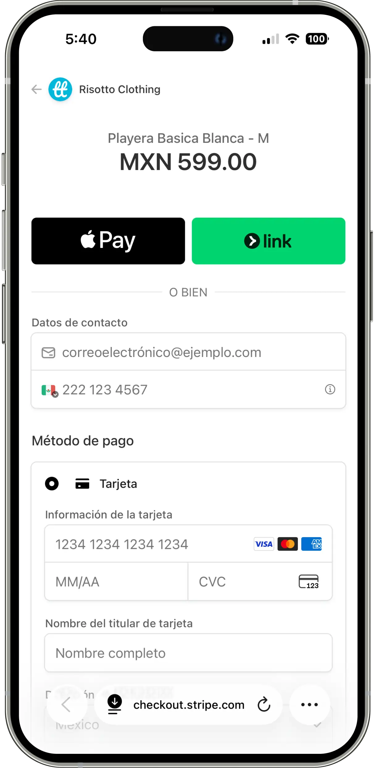 Página de cobro de Stripe abierta desde el chat, con Apple Pay, Link y el formulario de tarjeta para pagar $599 MXN