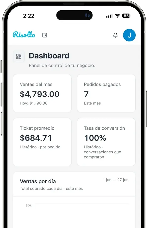 Chat de WhatsApp con el agente de Risotto cotizando y cobrando a un cliente